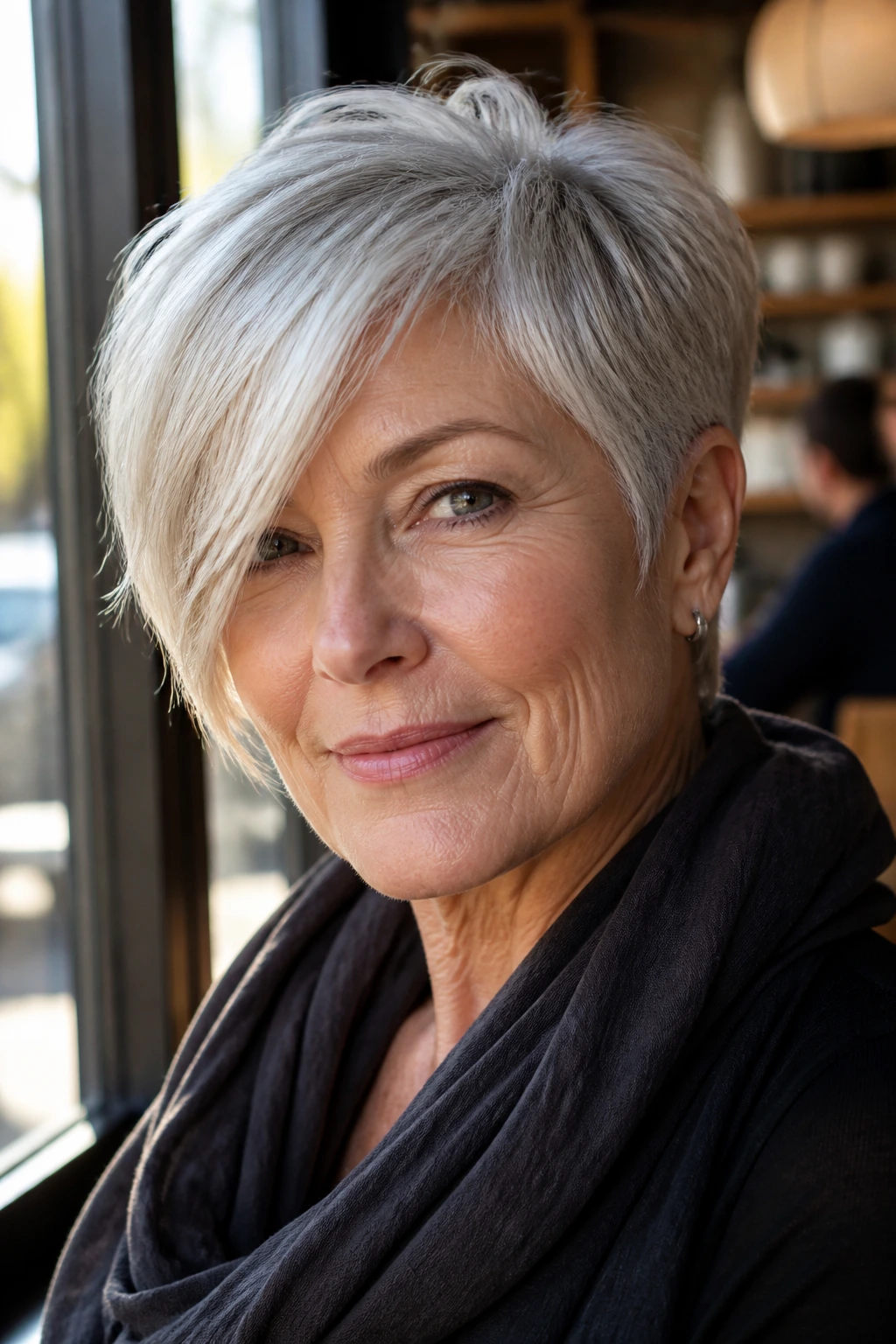 Close-up of a woman with a soft crop and long side bang.