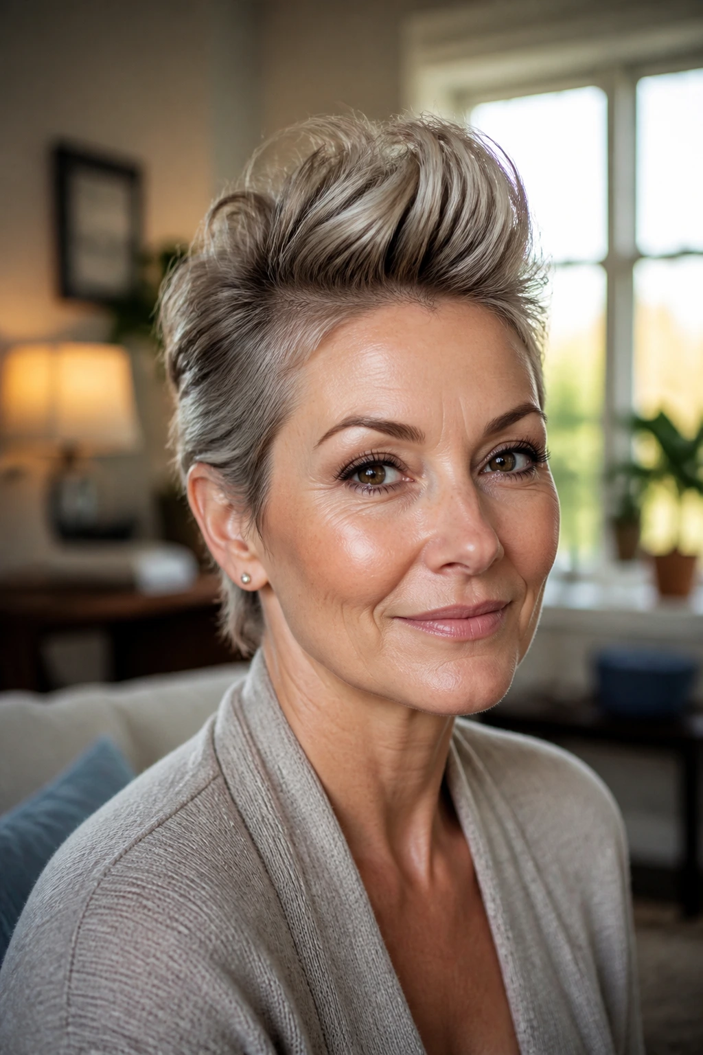 Real woman with a soft crown faux hawk, gentle tease at crown and hidden pins