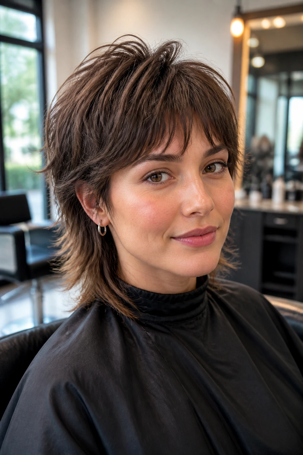 Portrait of a real woman with a soft crown-lift shag mullet