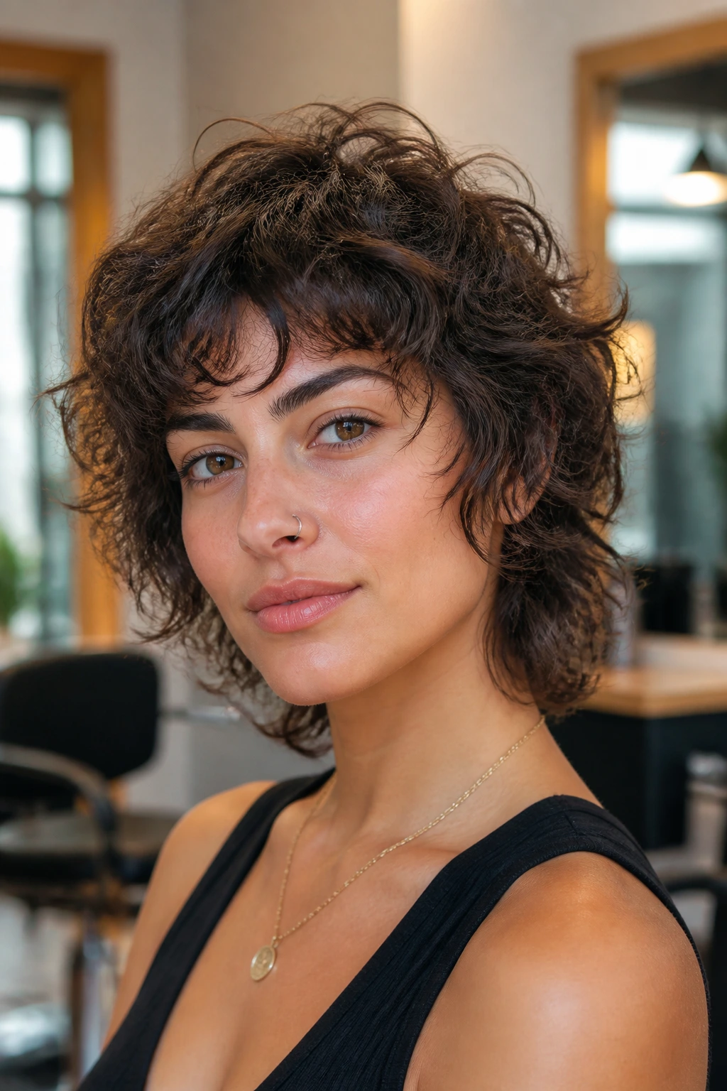 Close-up portrait of a real woman with soft crown-lift wolf shag on short curls