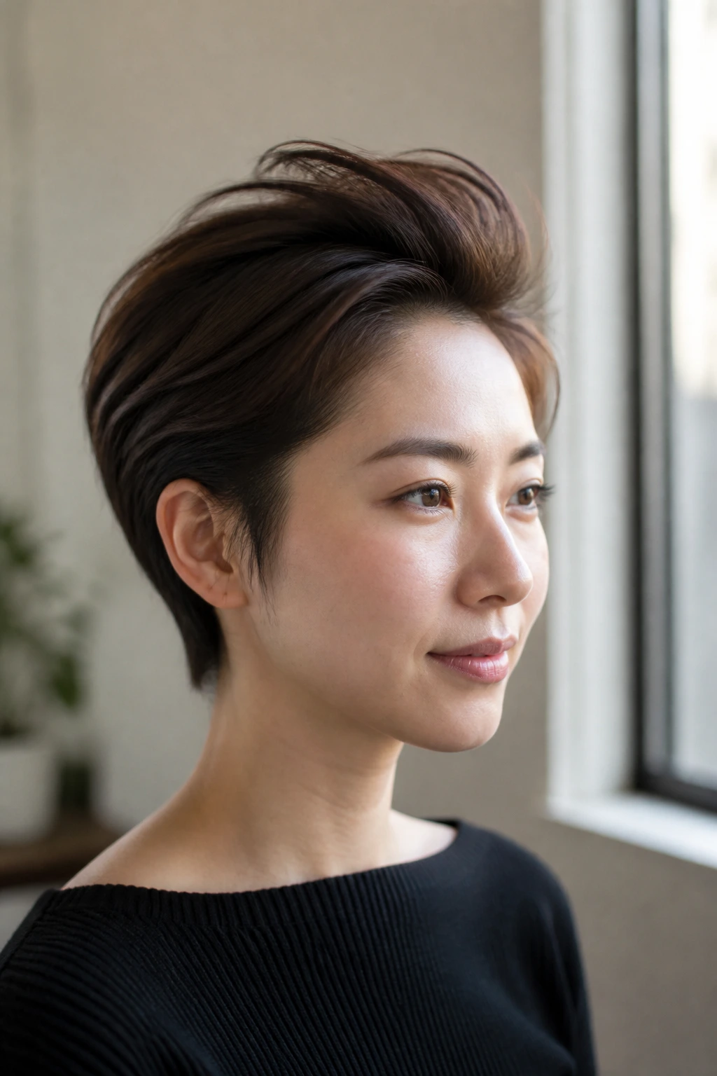 Close-up portrait of a real Asian woman with a soft crown-lift quiff in indoor light
