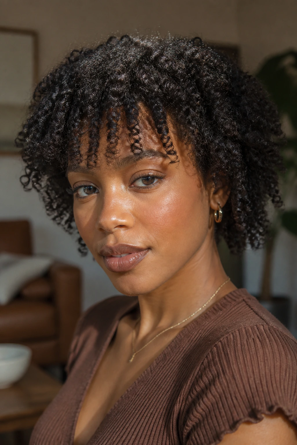 Real Black woman with soft crown shag and airy bangs