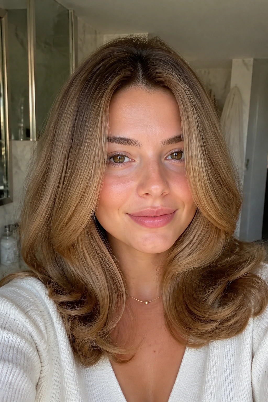 Close-up of a real woman with a soft curl blowout