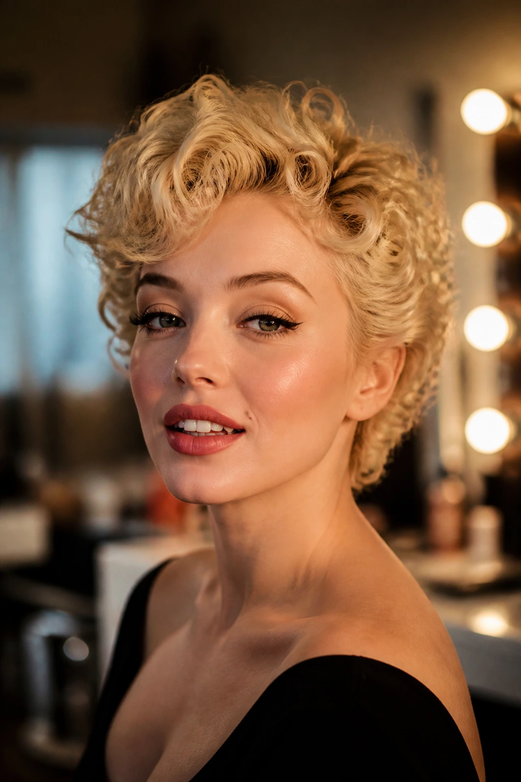 Portrait of a woman with a Marilyn Monroe soft curl crop hairstyle.