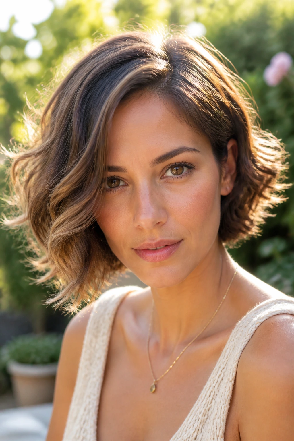 Real woman with a softly curled asymmetrical bob in a sunlit garden setting.