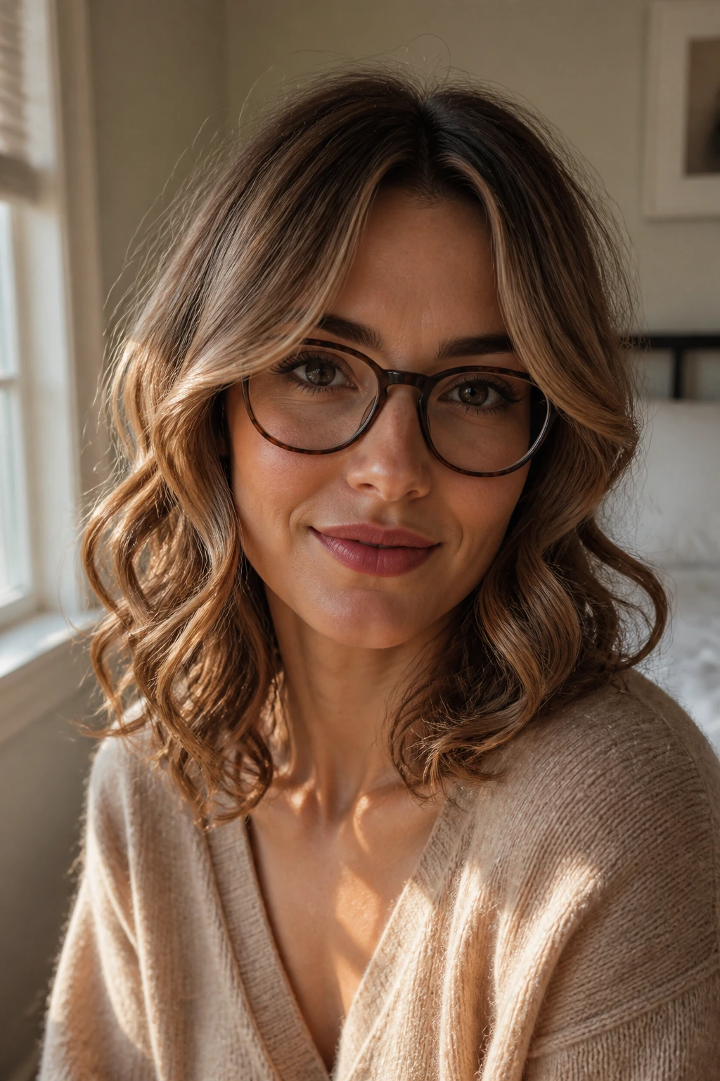 Close-up portrait of a real woman with shoulder-length hair featuring soft curls and face-framing pieces.