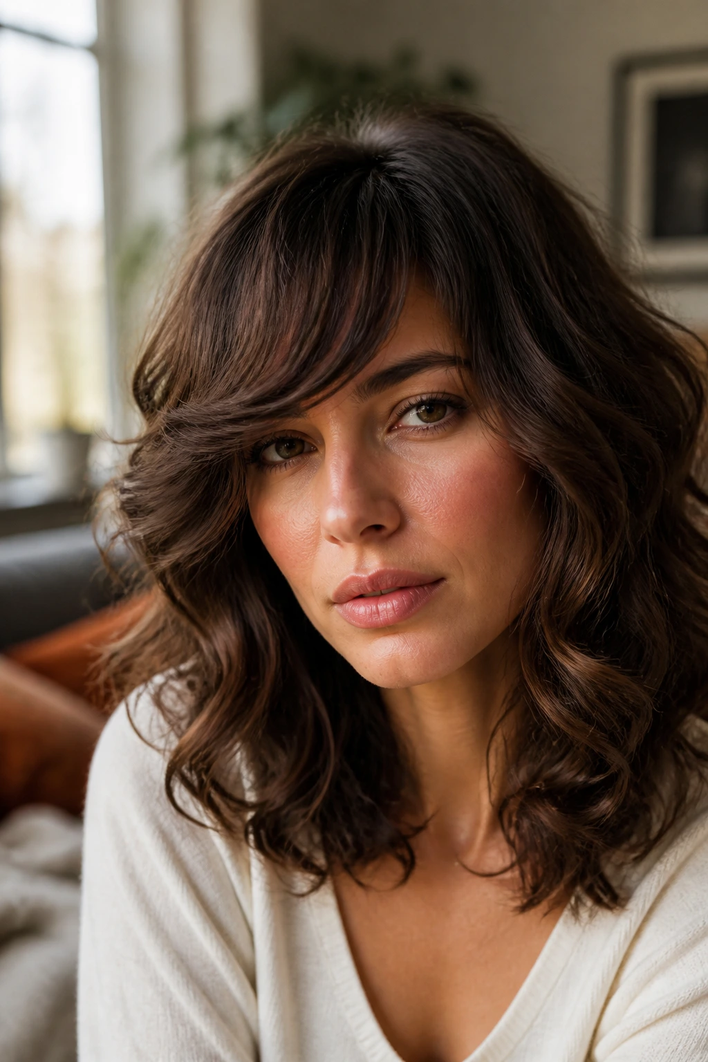Portrait of a woman with plush curls and swept fringe