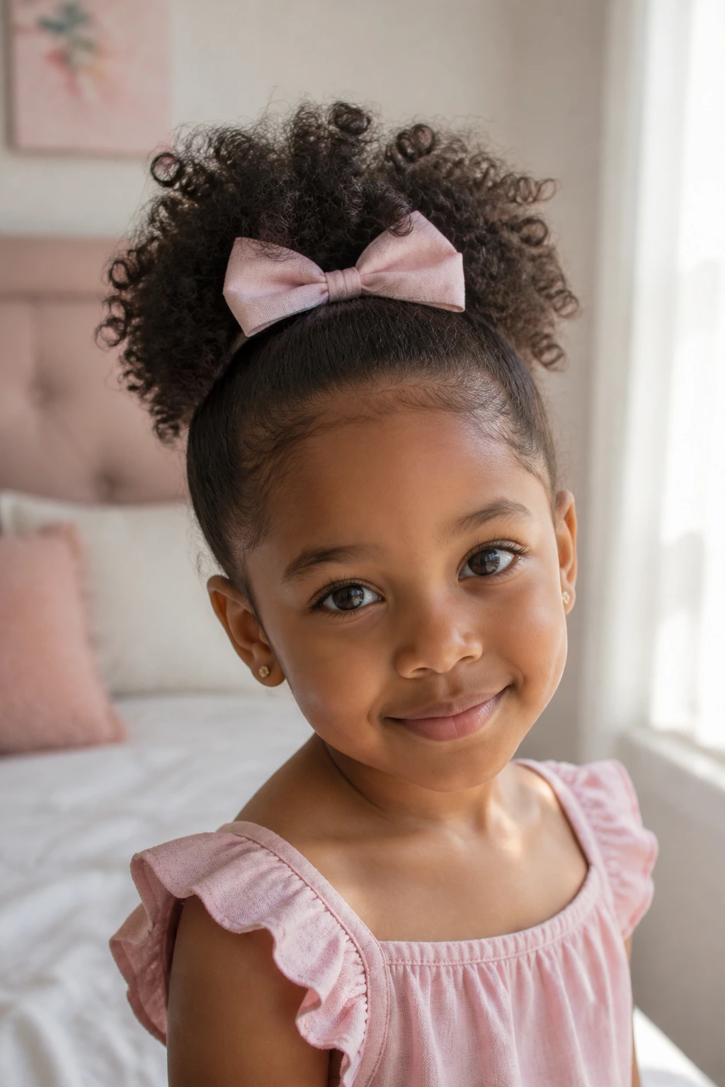 Little girl with soft curls styled neatly in a cozy room.