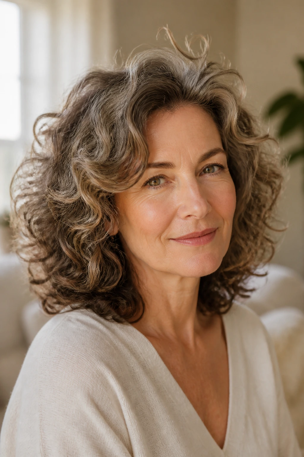 Close-up portrait of a real woman with soft curls and internal layers