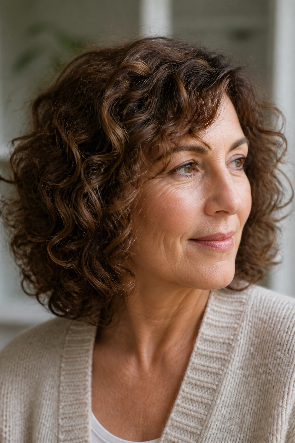 Close-up portrait of a real woman with soft curls and invisible interior layers