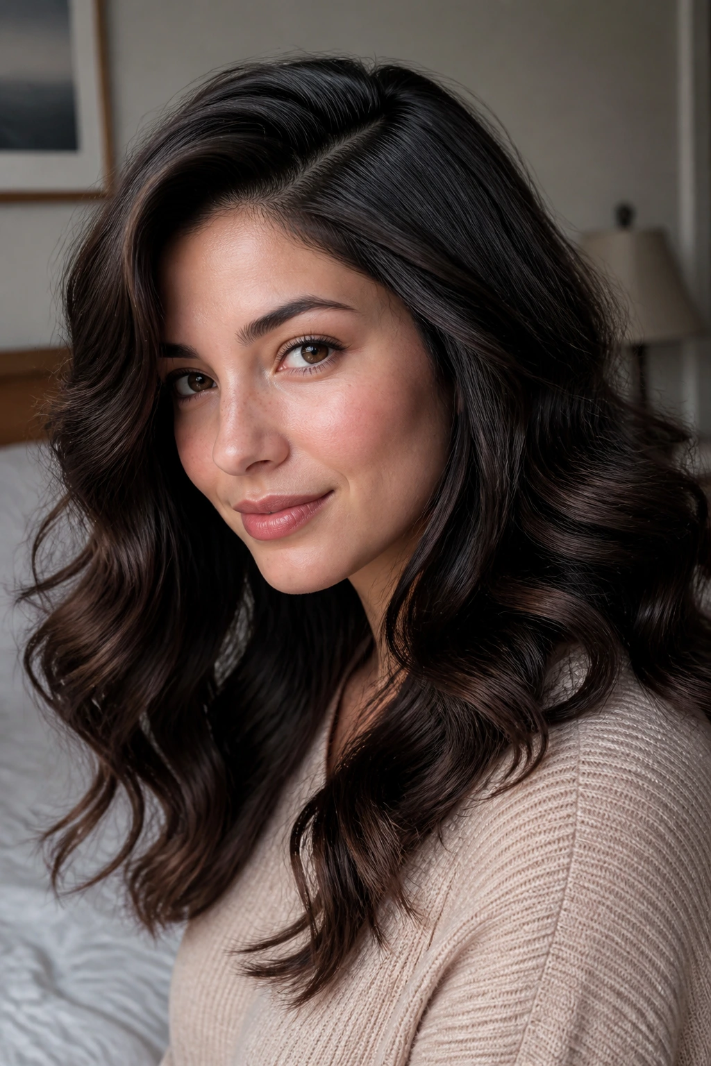 Portrait of a real woman with soft curls and a deep side part in natural light