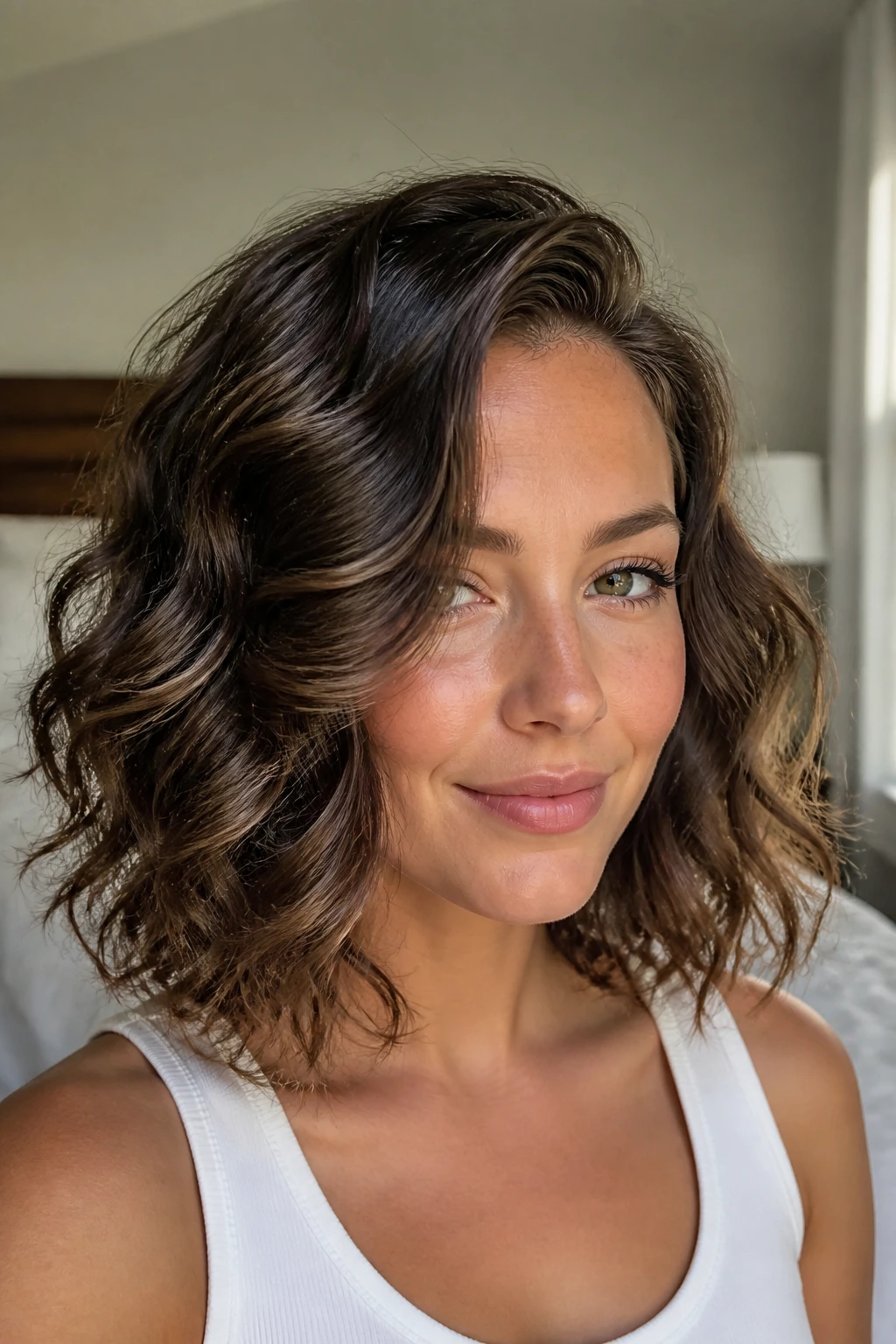 Real woman with soft curls and side part in sunlit bedroom