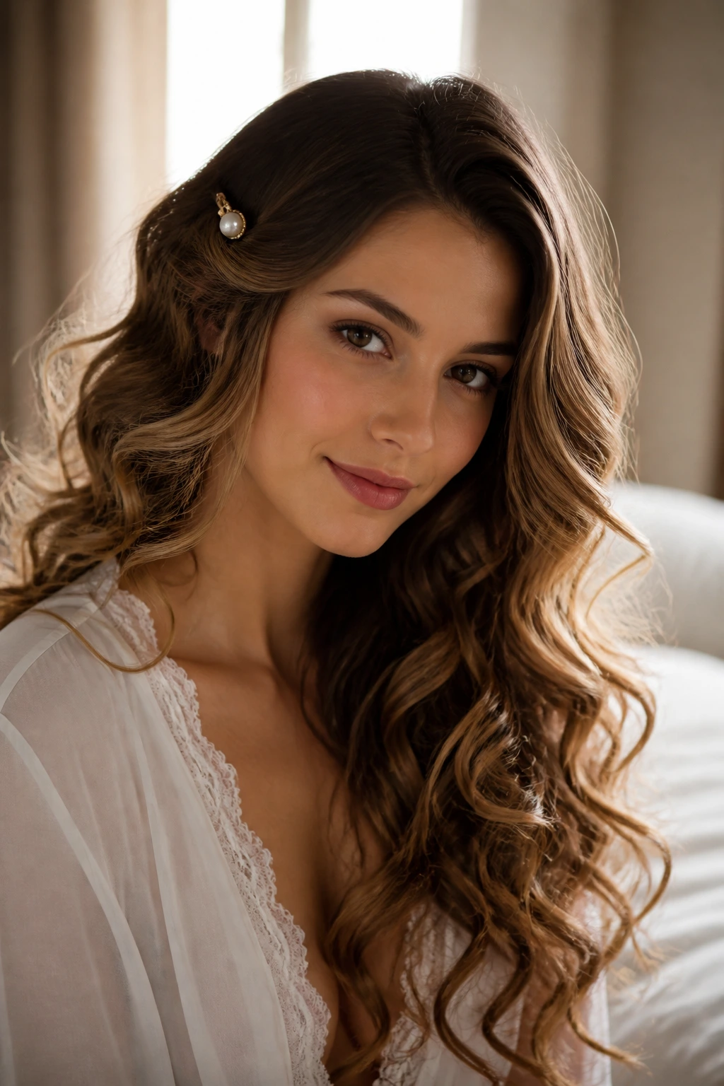 Close-up portrait of a real woman with long soft curls and a side pin in warm window light