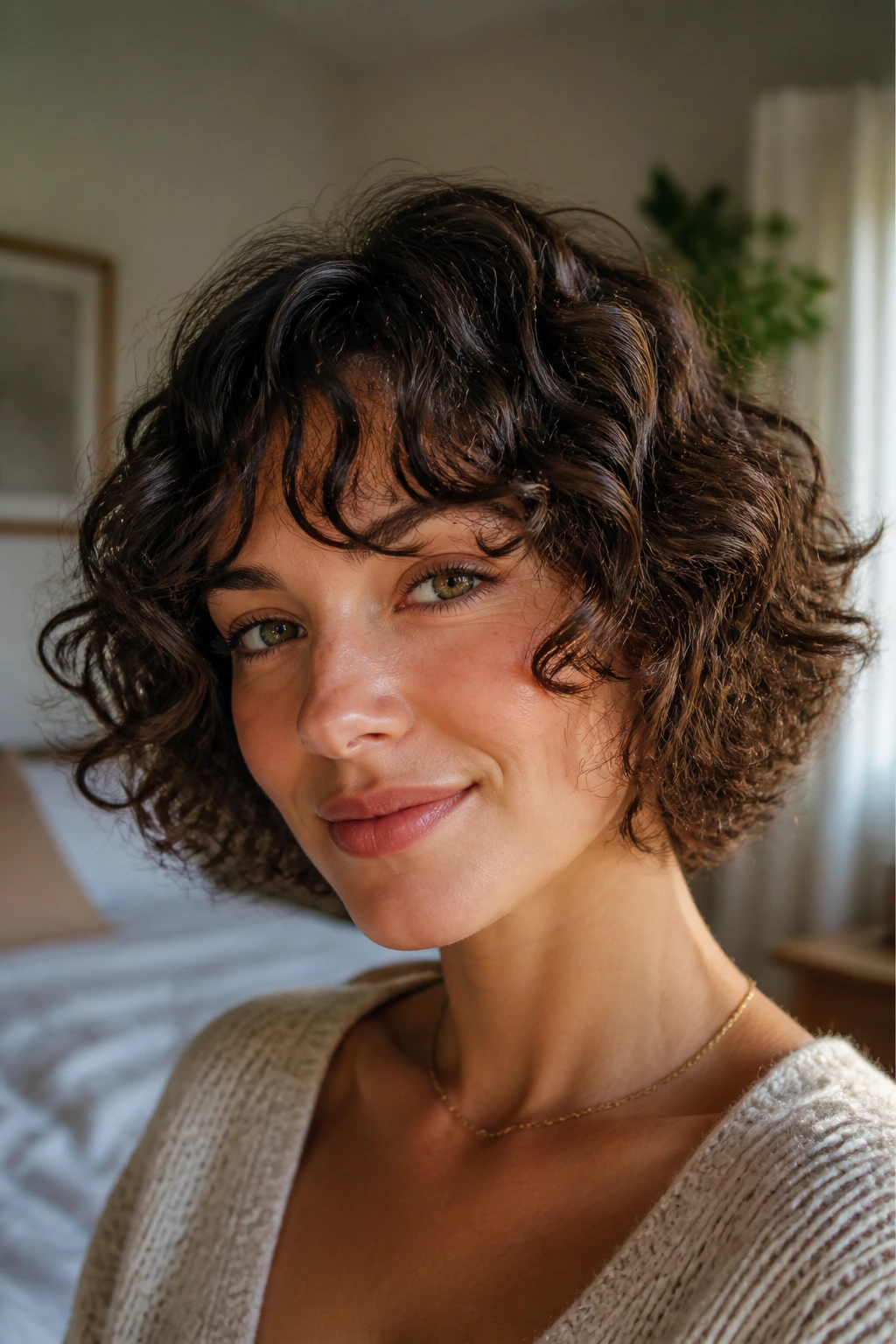 Close-up of a real woman with a soft curly bob featuring invisible layers, natural window light