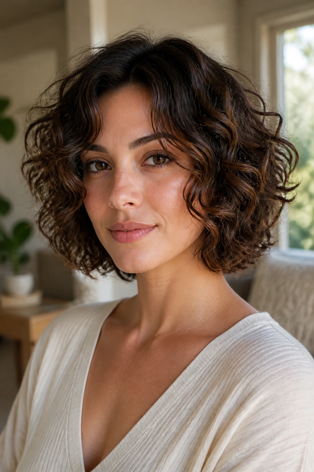 Real woman with a soft curly bob and face-framing layers