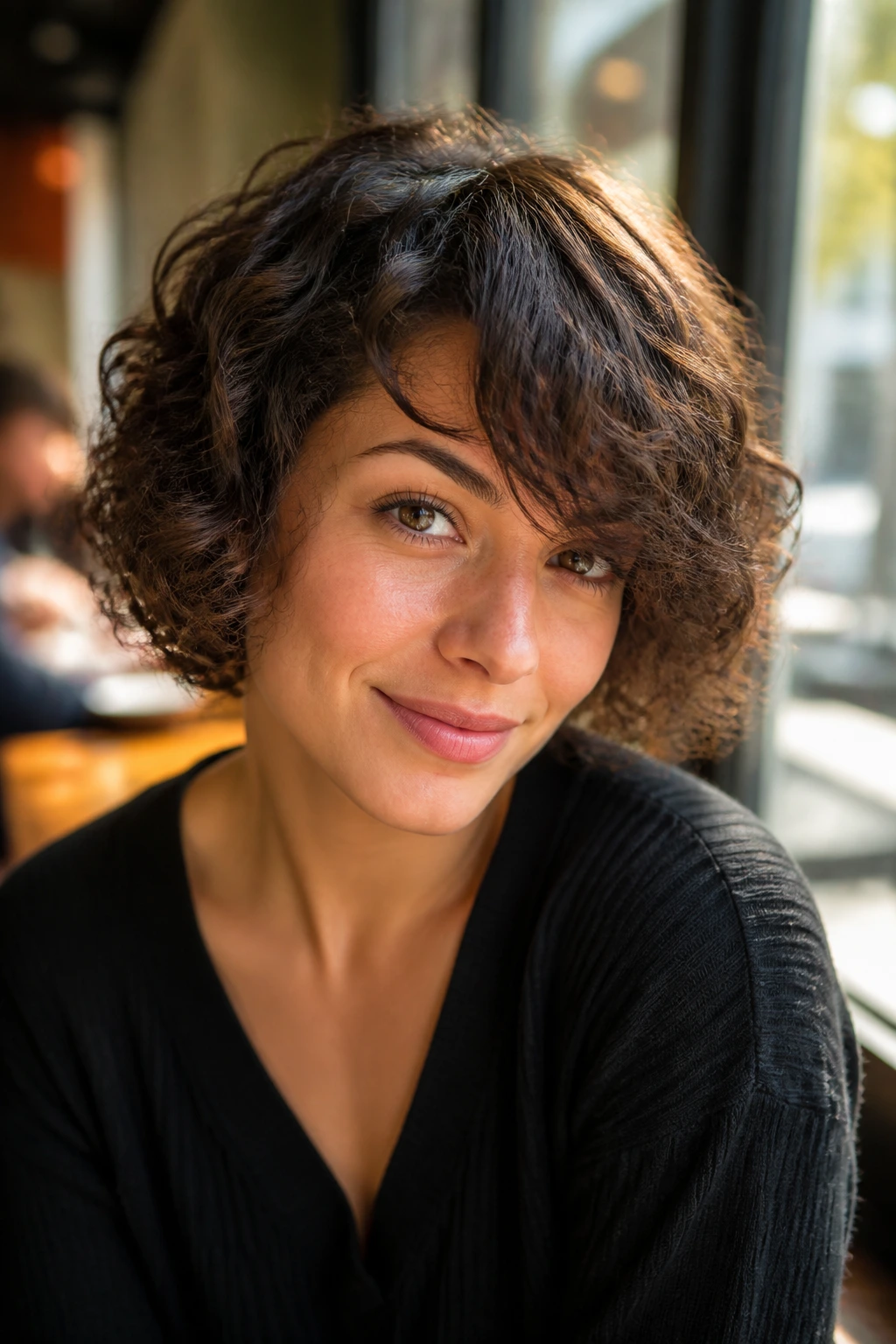 Close-up of a real woman with a curly bob and side bangs.