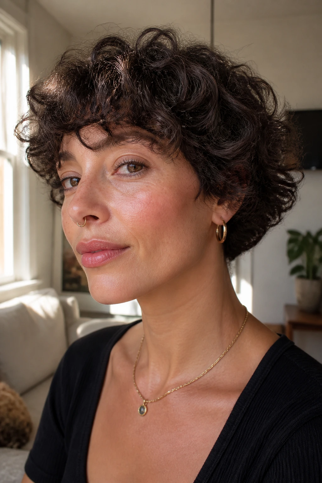 Close-up of a real woman with a soft curly bowl cut featuring a broken-up edge in warm indoor light