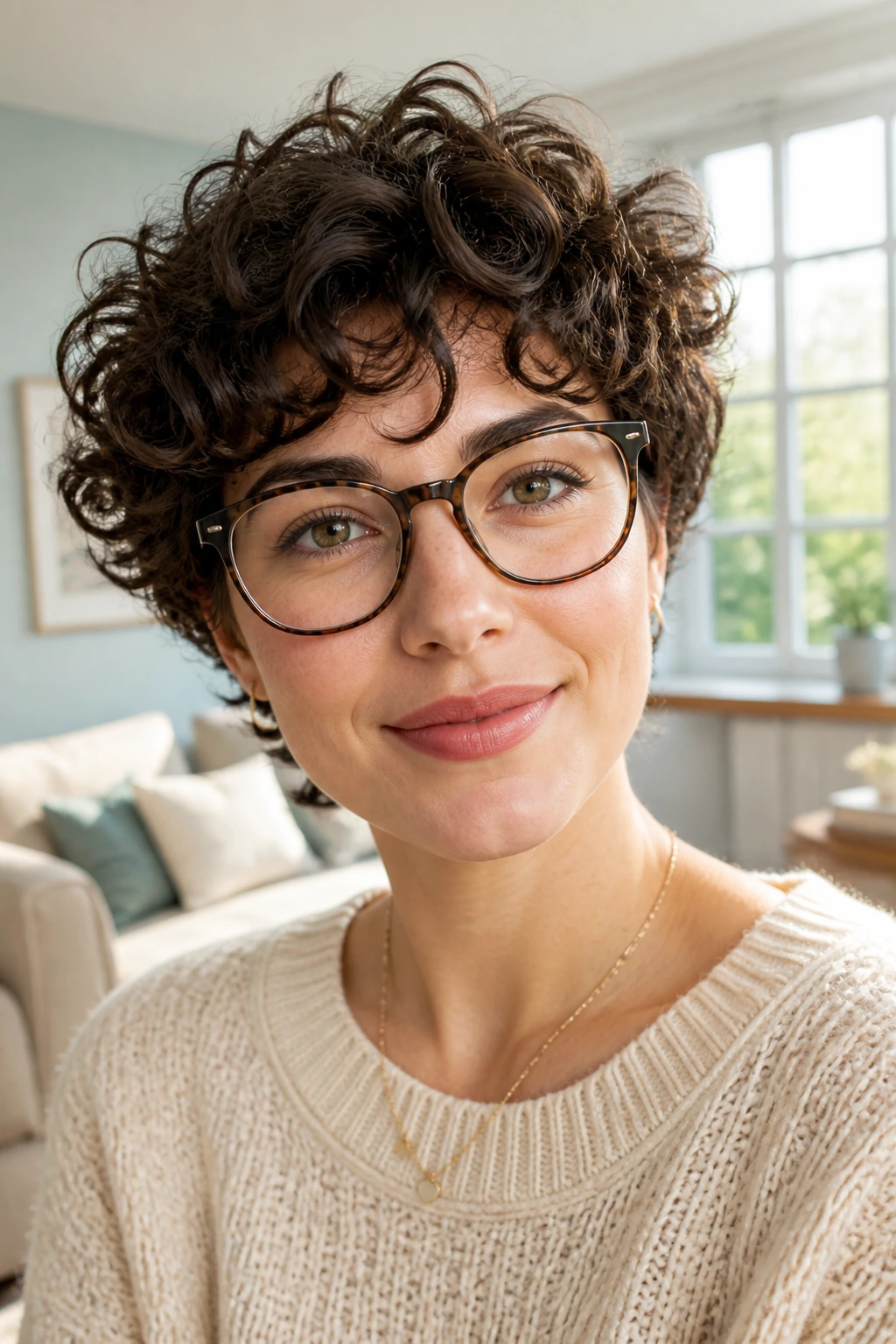 Close-up of a real woman with a soft curly crop, curls trimmed near temples for glasses-friendly shape.