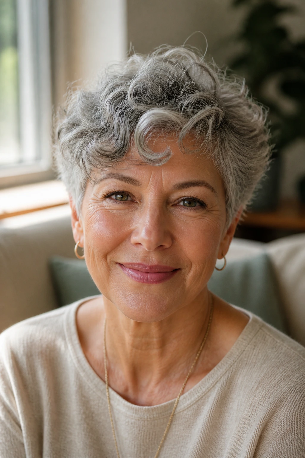 Close-up portrait of a real woman with a soft curly crop and gray hair