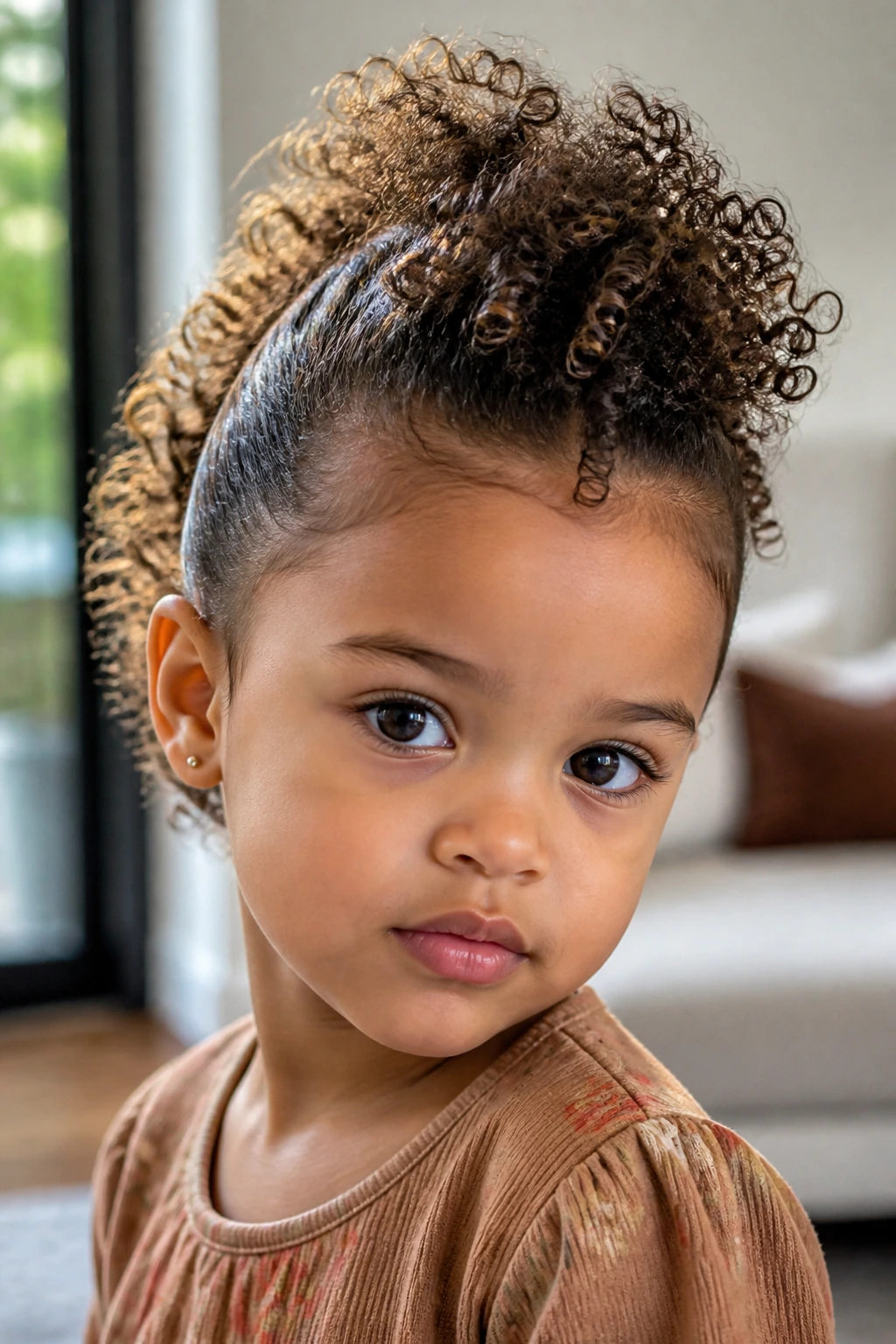 Close-up of a little girl with a soft curly faux hawk hairstyle