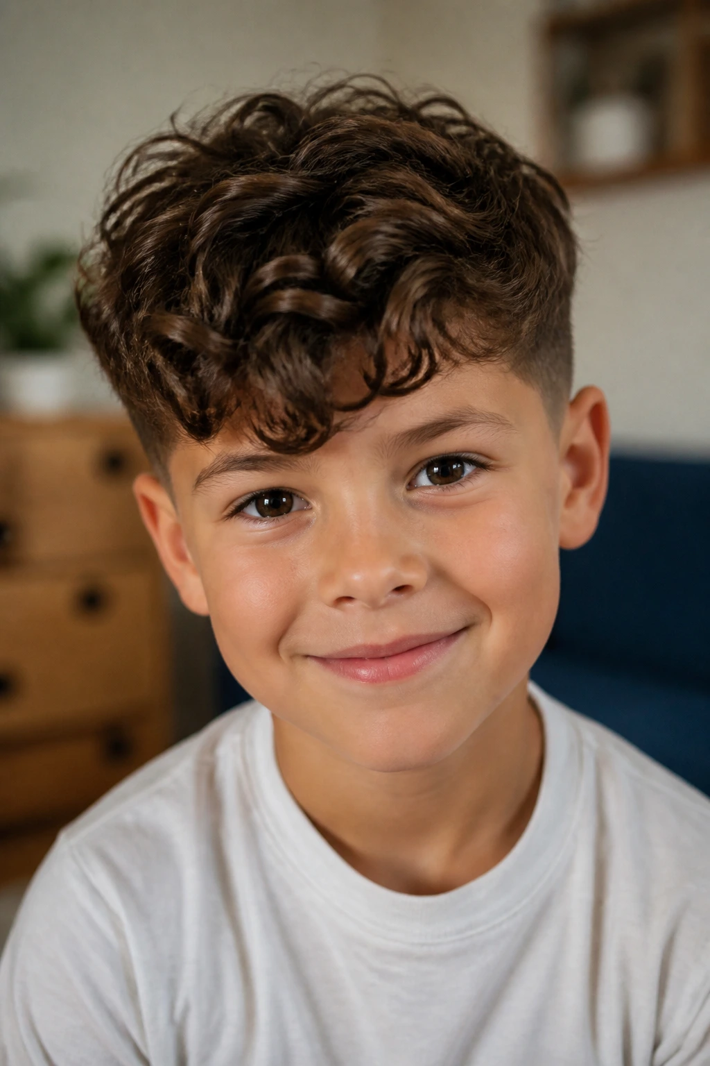 Close-up of a boy with soft curly fringe and tapered sides.