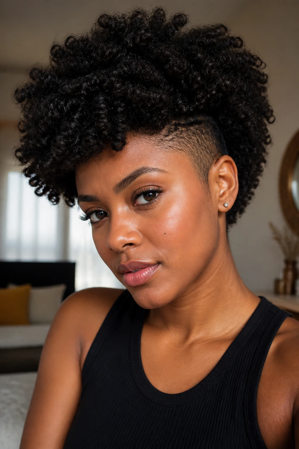 Real person with a soft curly fro and temple shave.