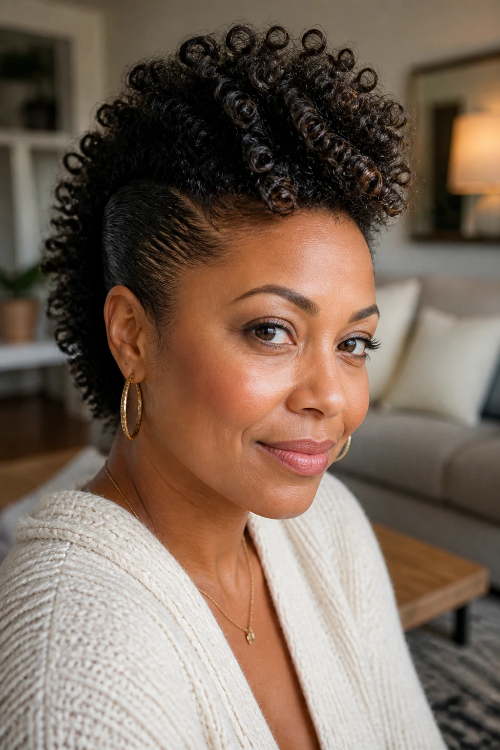 Close-up of a woman with a soft curly frohawk in a cozy living room