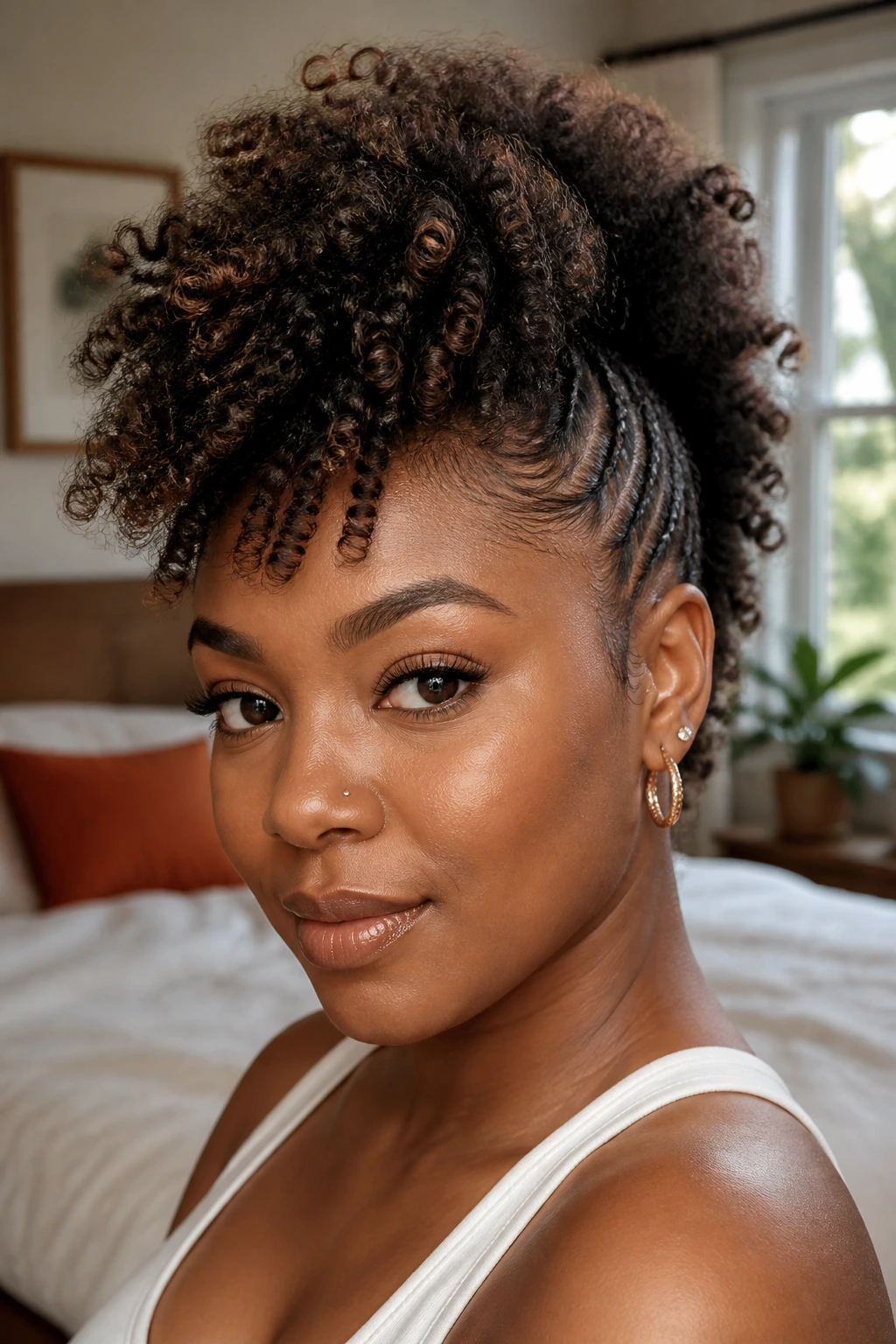 Soft curly frohawk on real woman with pinned sides and fluffy center curls.
