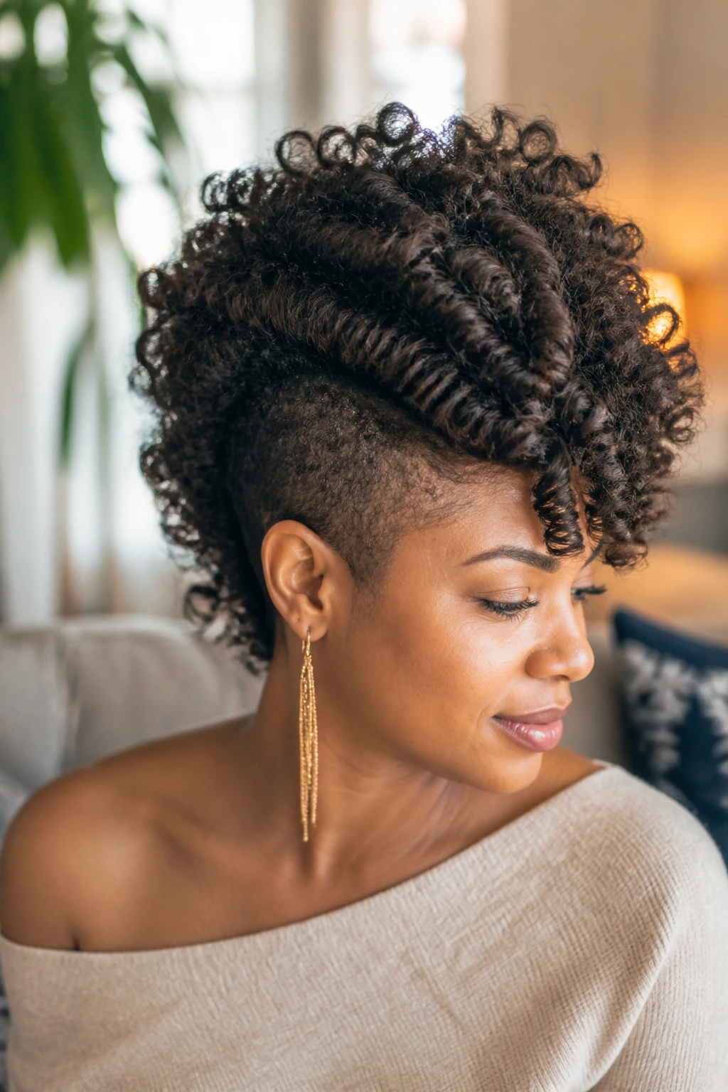 Close-up of a real woman with a soft curly frohawk and rounded sides