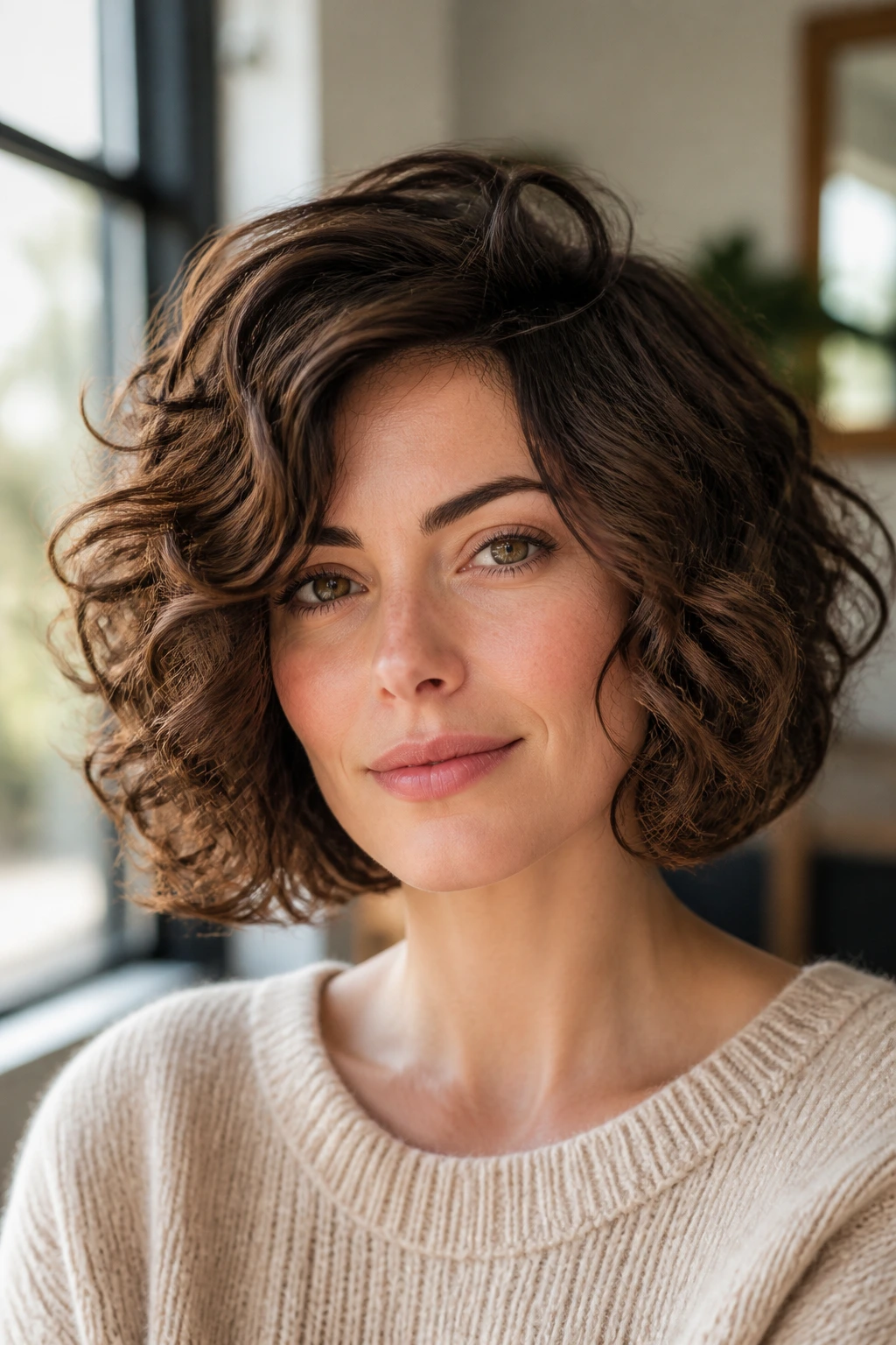 Close-up of a real woman with a soft curly lob and side volume.