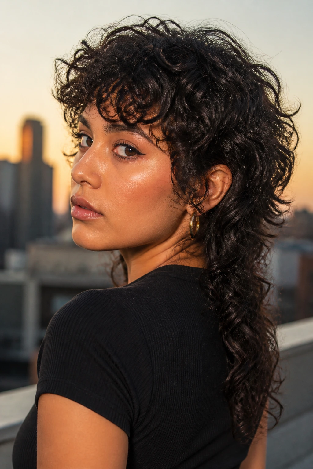 Close-up of a real woman's soft curly mullet with lifted crown.