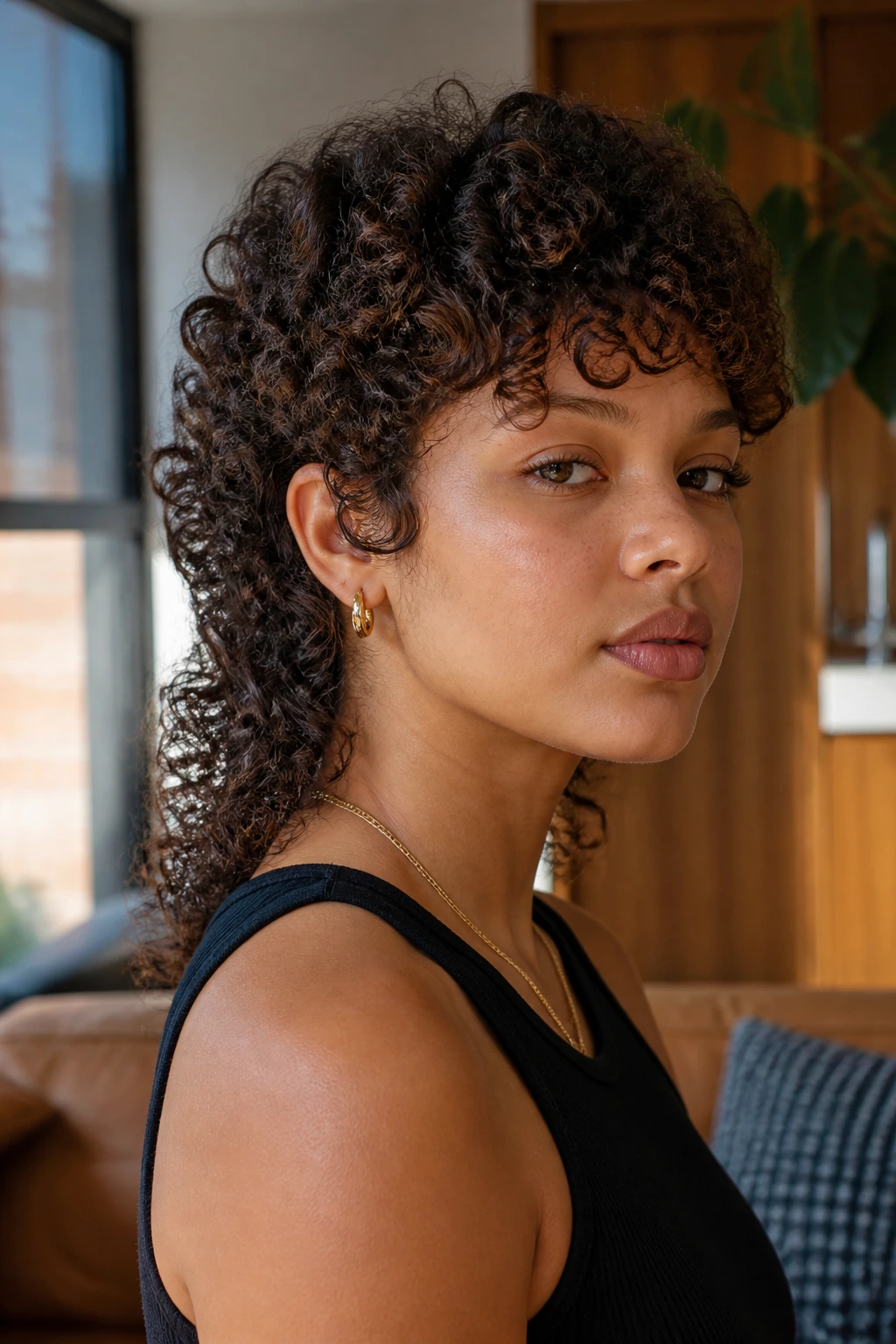 Close-up of a real person with a Soft Curly Mullet in warm window light