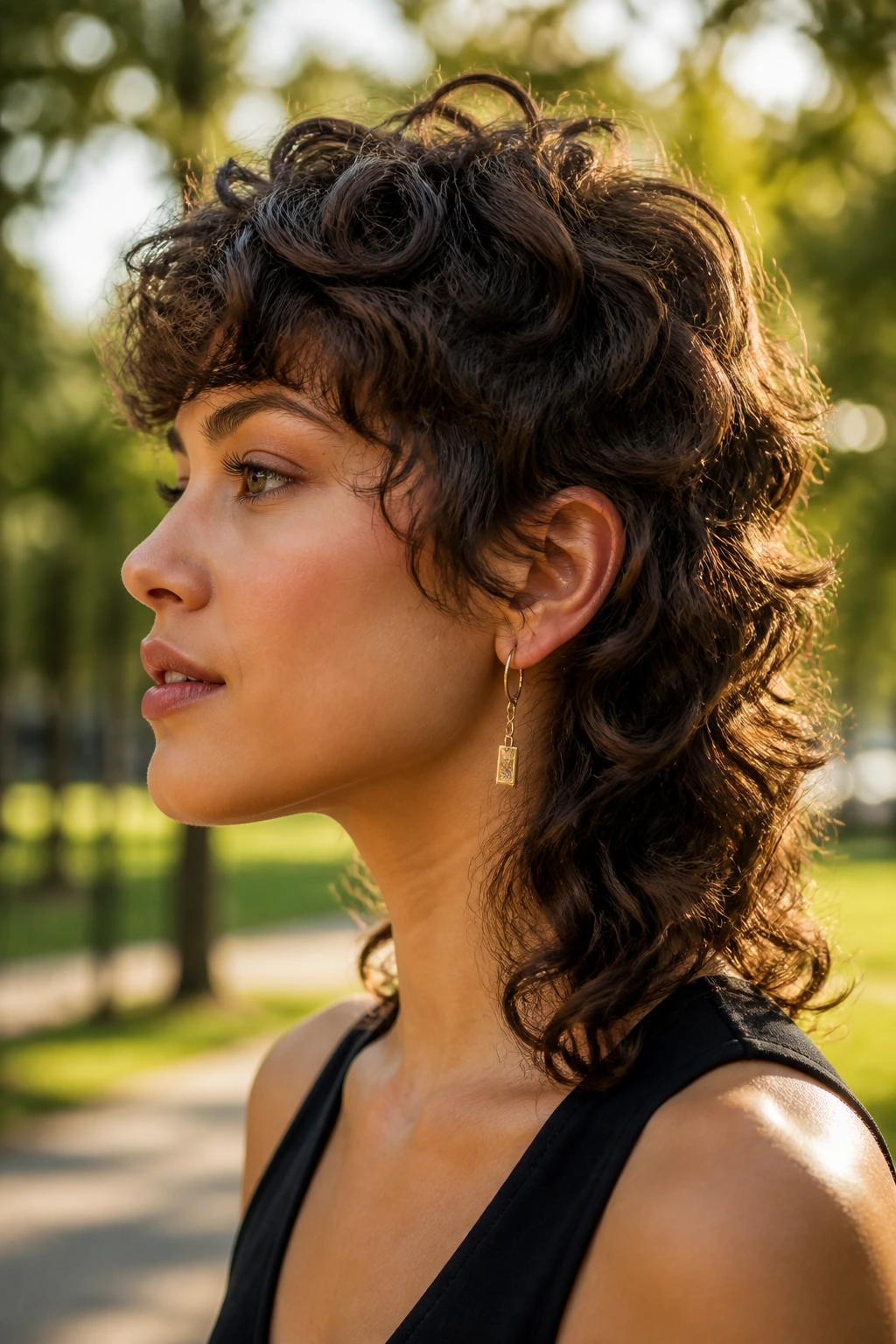 Close-up of a woman with a soft curly mullet in a sunny park setting