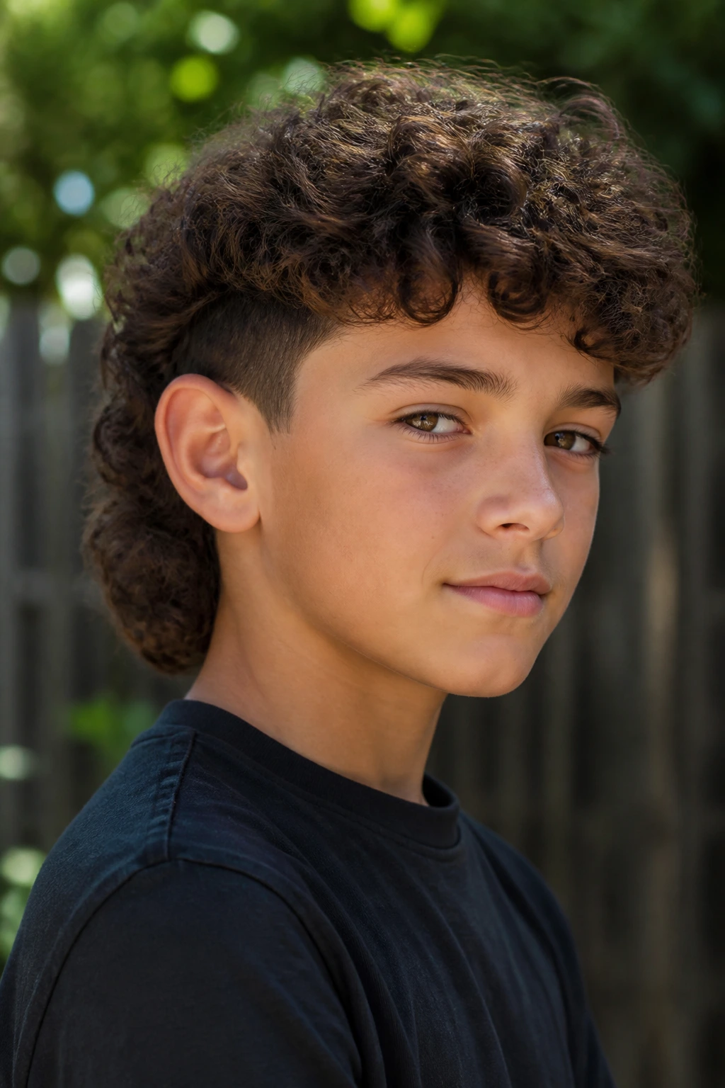 Close-up of a boy with a soft curly mullet hairstyle.
