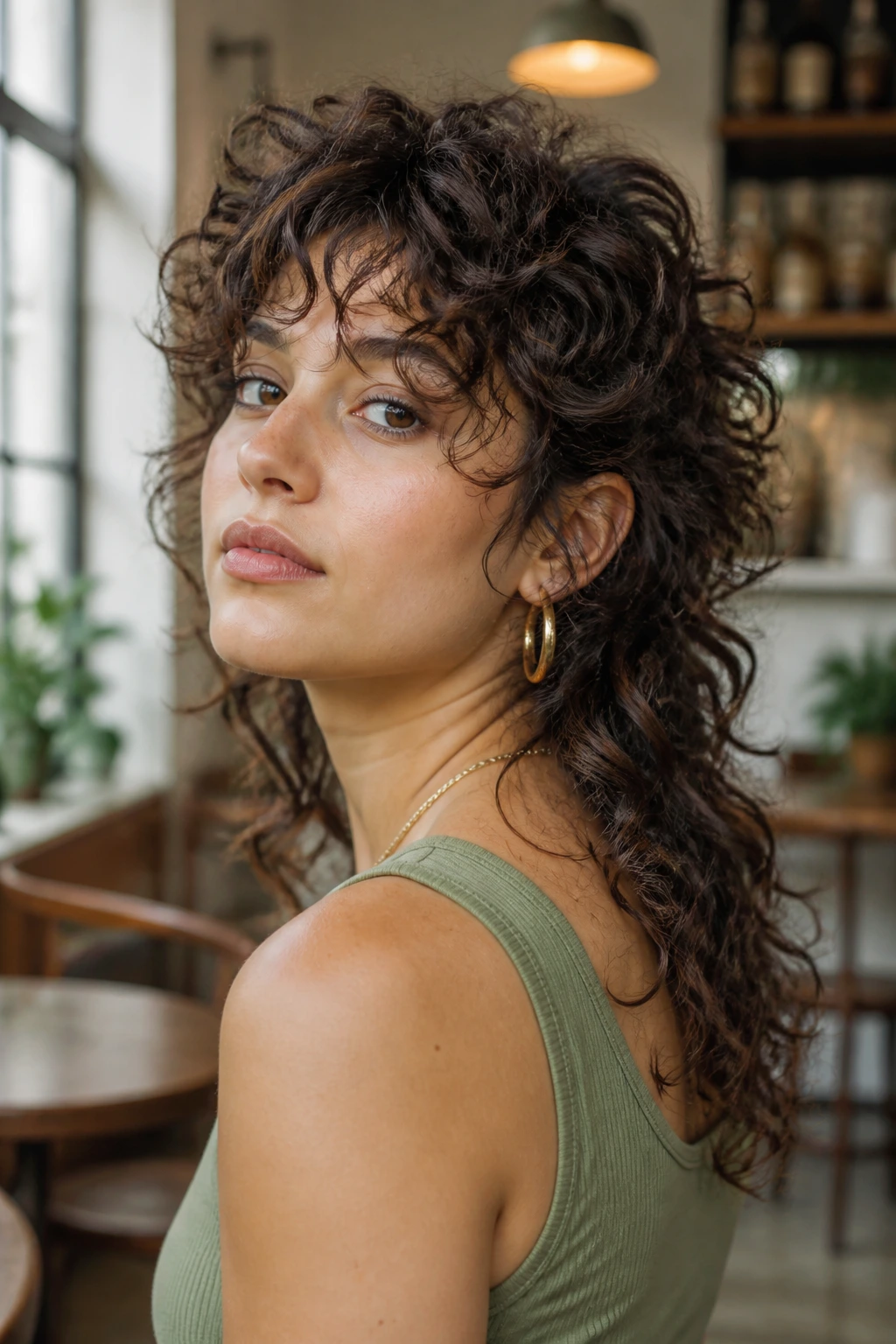 Real woman with soft curly mullet in a sunny cafe
