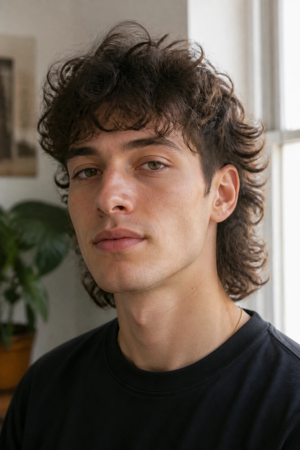 Close-up portrait of a real person with soft curly mullet and airy fringe in natural light