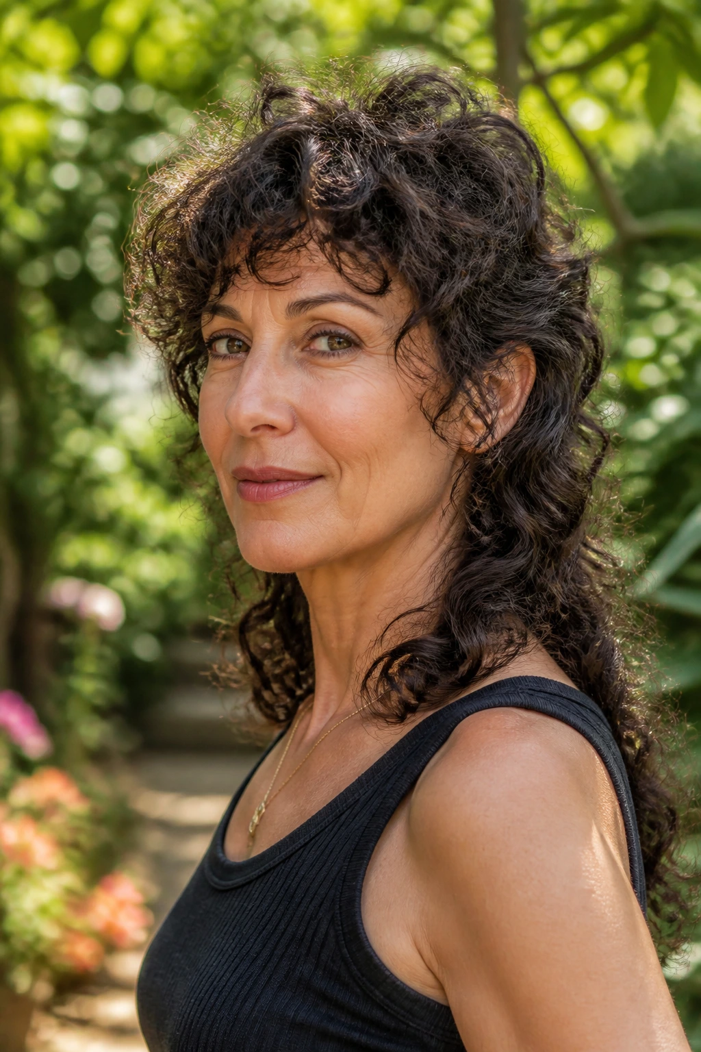 Three-quarter view of real woman with soft curly mullet shag outdoors