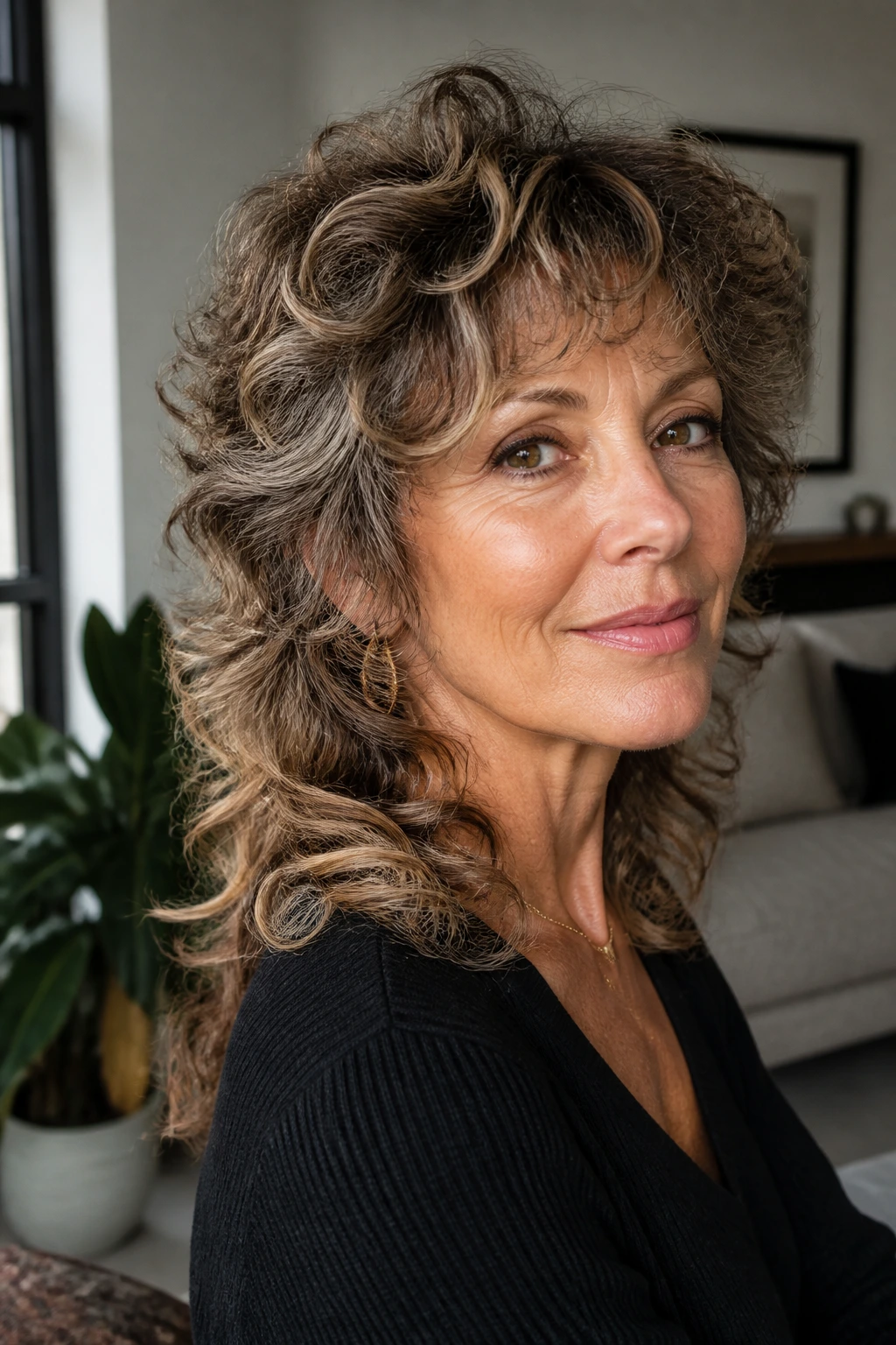 Real woman with soft curly mullet-inspired shag in a modern living room.