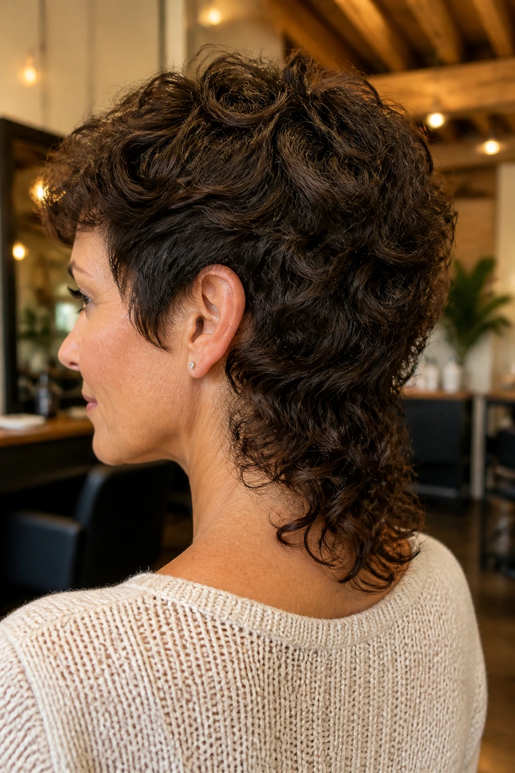 Rear/side close-up of a real woman with a soft curly mullet and slim nape