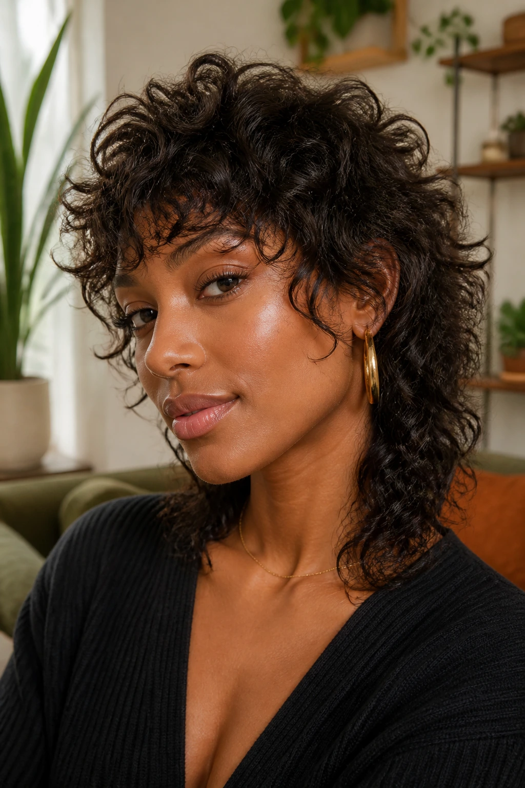 Close-up of a real person with soft curly shag showing movement