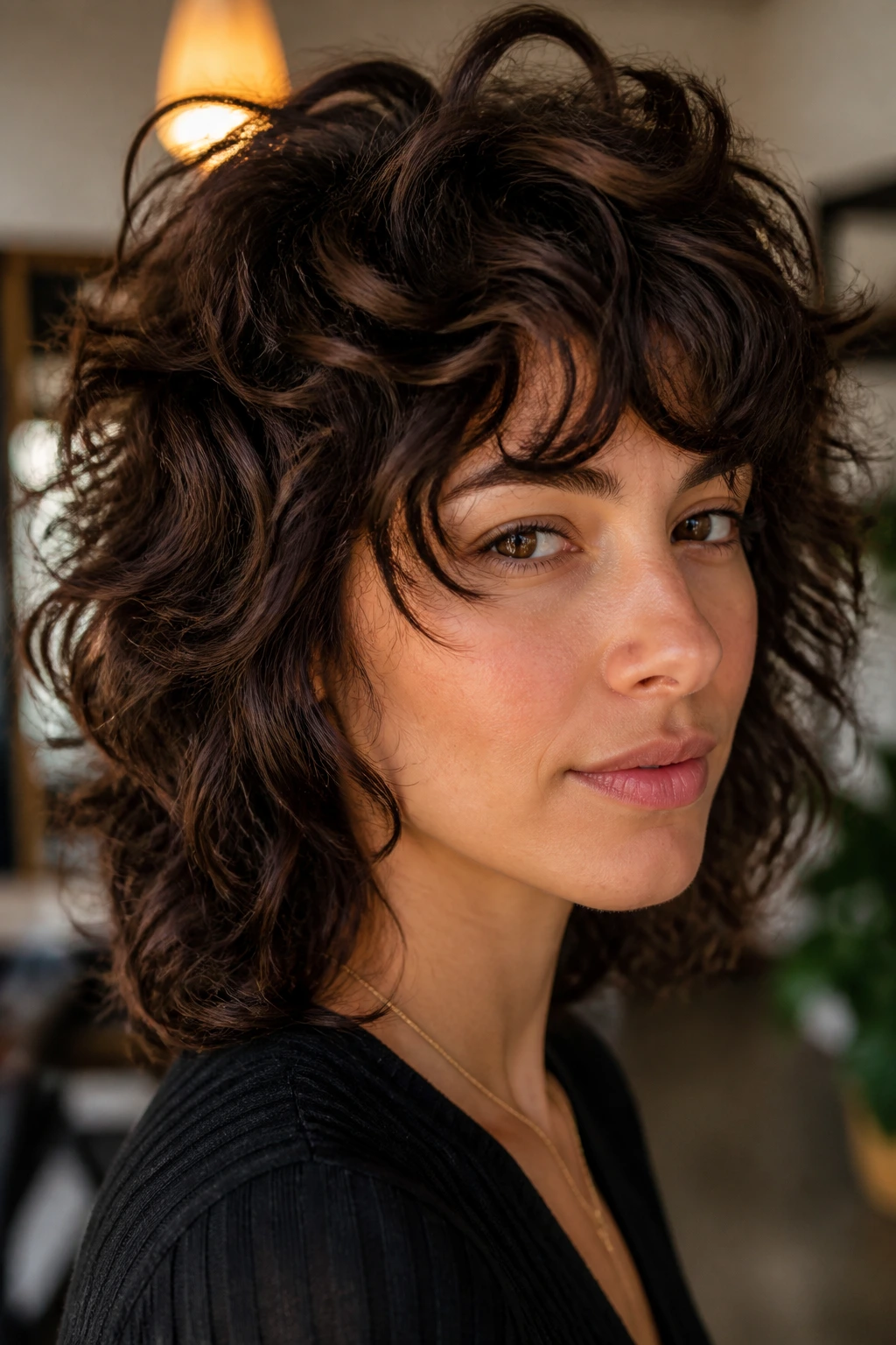 Close-up of a real woman with a soft curly shag and crown layers