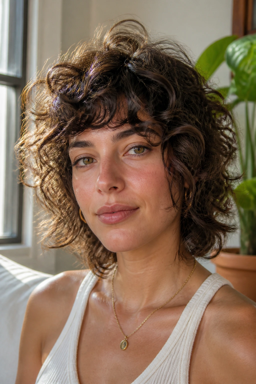 Close-up of a soft curly shag on a real woman in a sunlit living room.