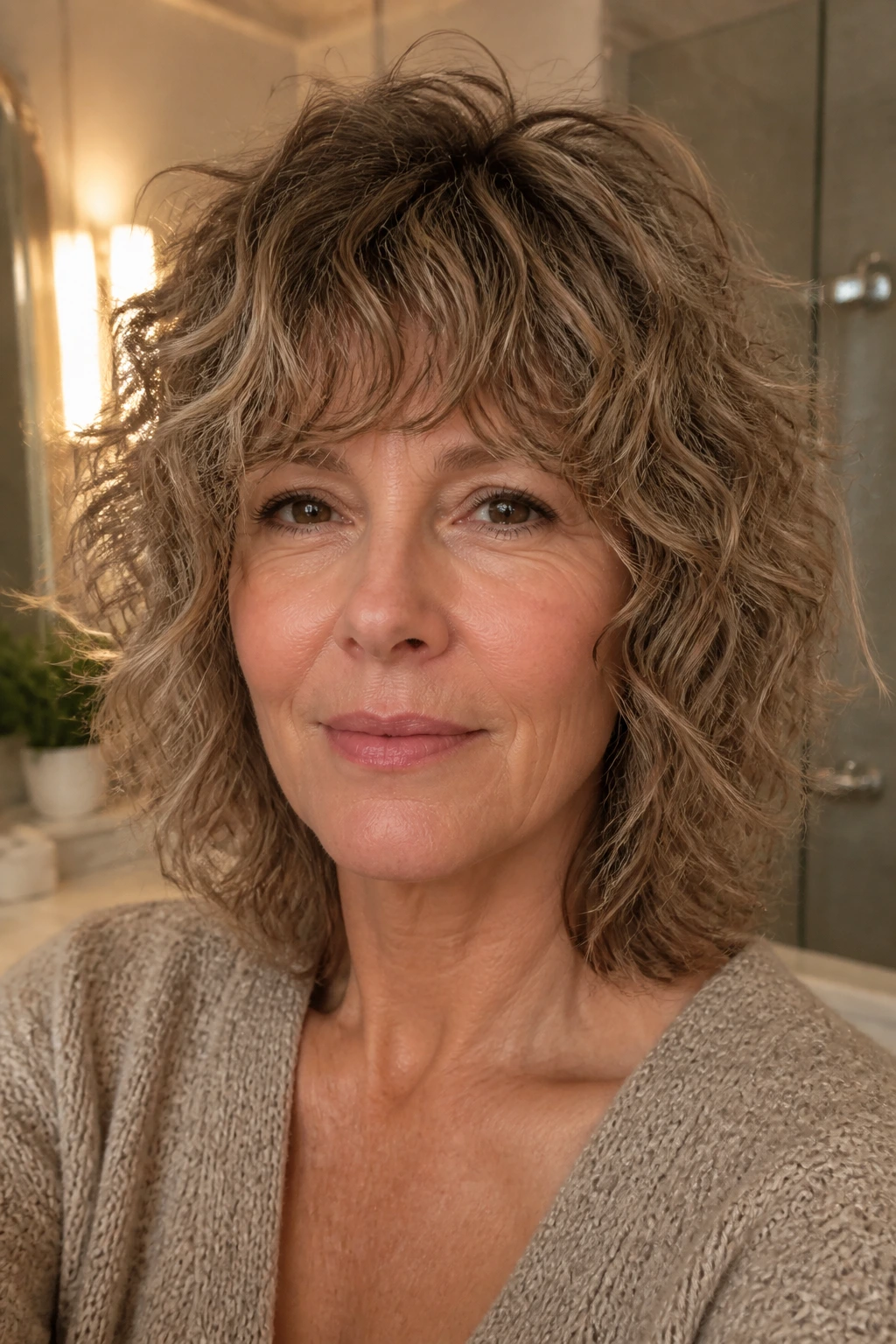 Close-up of soft curly shag with rounded fringe on a real woman