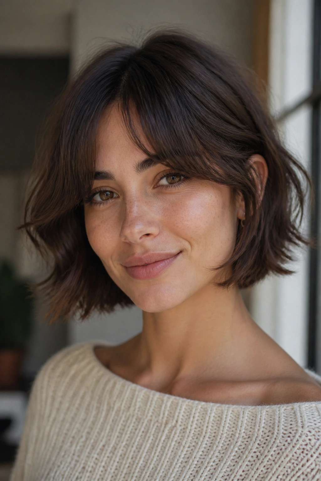 Close-up of a woman with soft curtain bangs and a short wavy bob in natural light