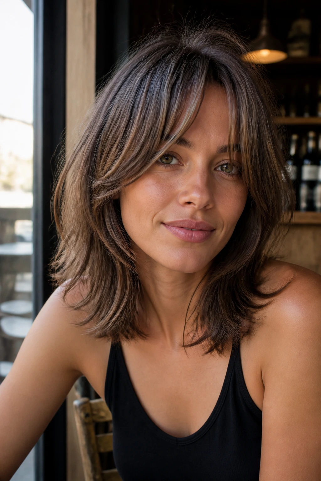 Woman with soft curtain bangs and collarbone layers in a cozy cafe setting