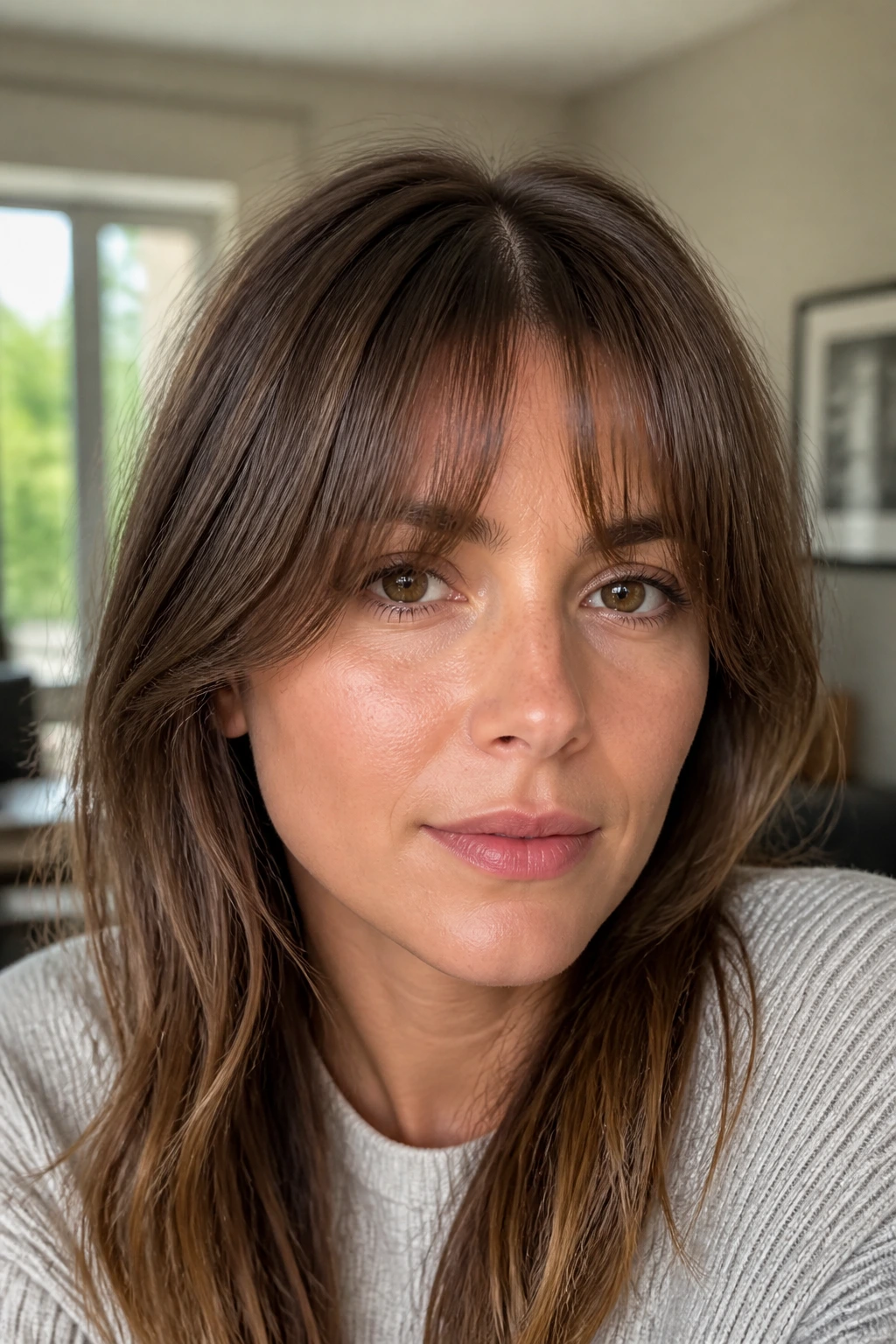 Close-up portrait of a woman with soft eye-skimming curtain bangs
