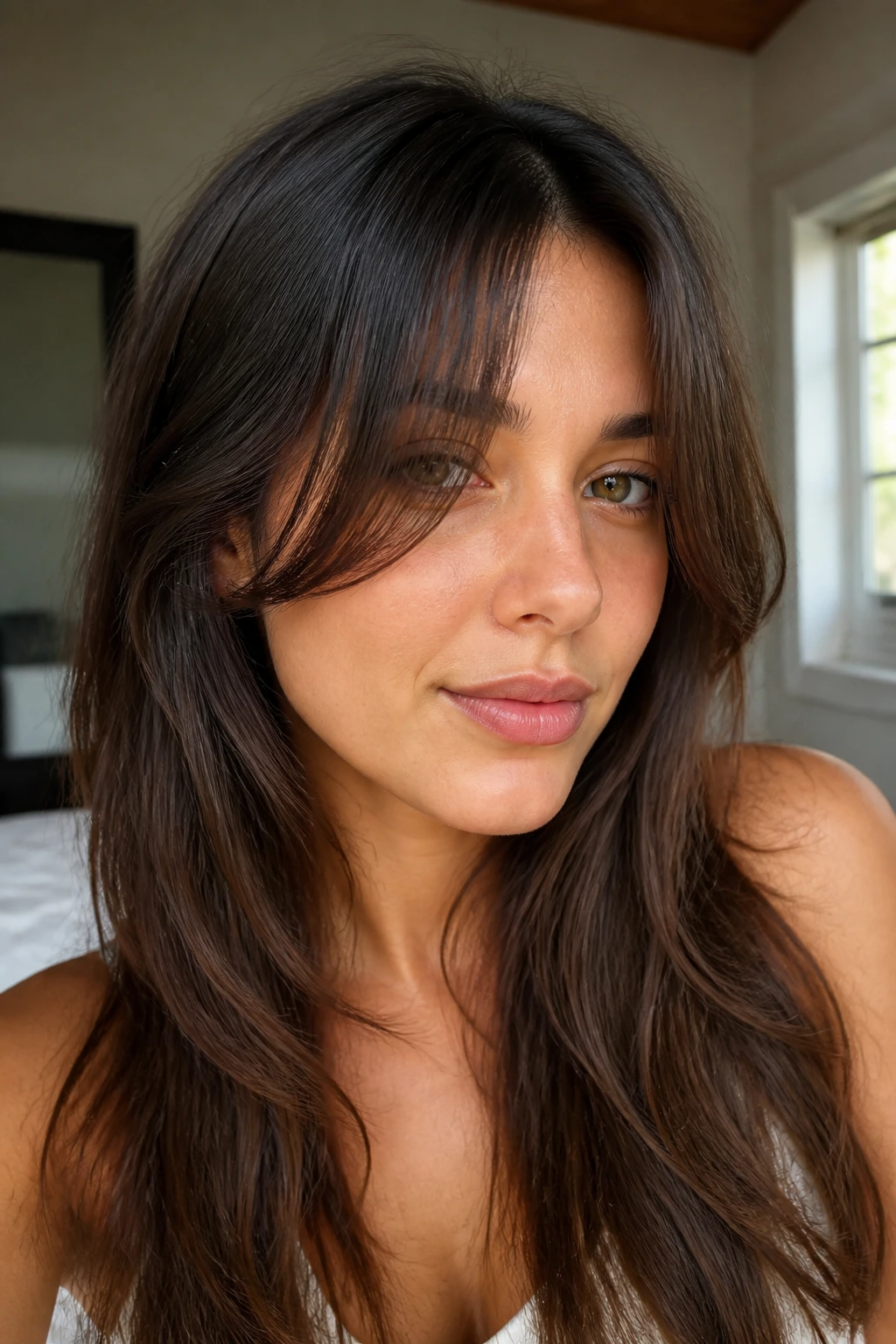 Portrait of a woman with soft curtain bangs split at the cheekbone