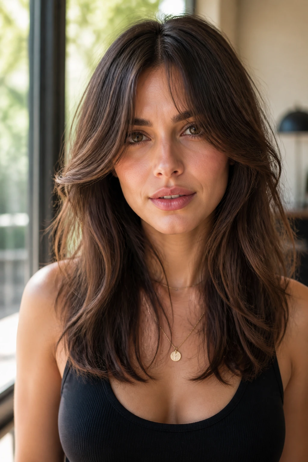 Portrait of a real woman with soft curtain bangs and cheekbone framing