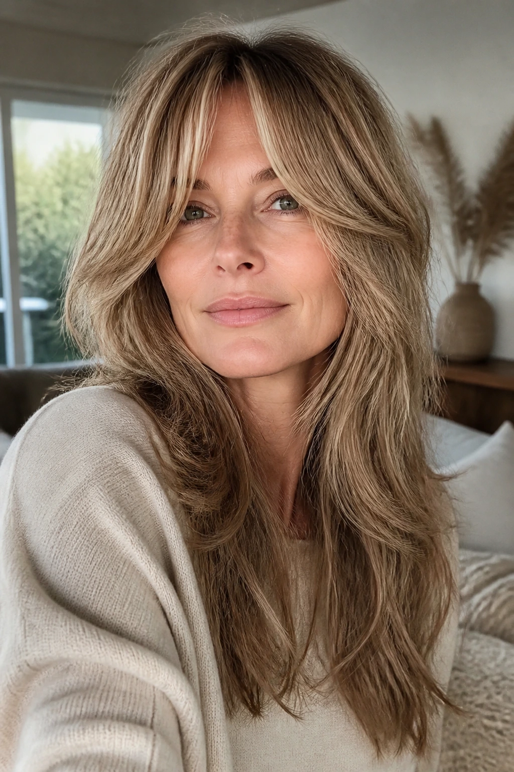 Portrait of a real woman with soft curtain bangs and long shag hairstyle