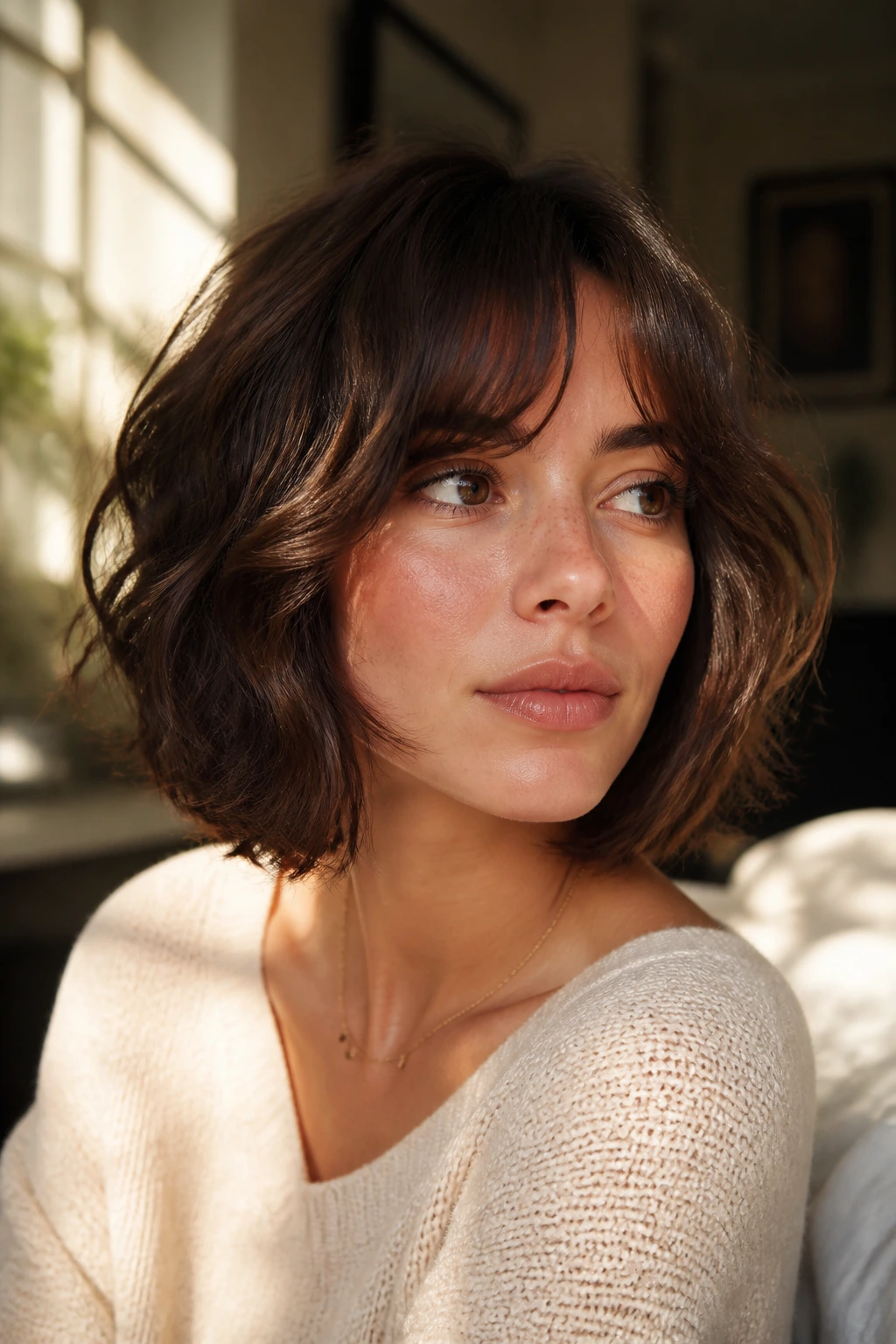 Close-up of brunette with soft curtain bangs shaggy bob in window light